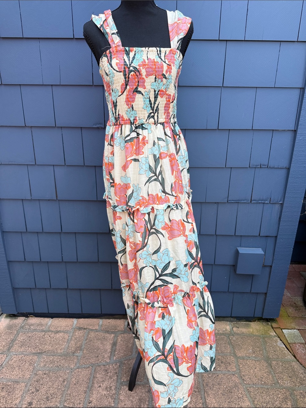 Band of the Free Smocked Floral Tiered Maxi Dress - Coral & Light Blue M
